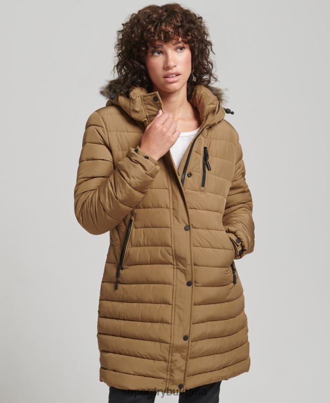 Superdry облекло N00H3748 кафяво Жени пухено яке със средна дължина и качулка от изкуствена кожа