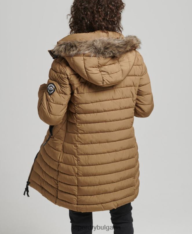 Superdry облекло N00H3748 кафяво Жени пухено яке със средна дължина и качулка от изкуствена кожа