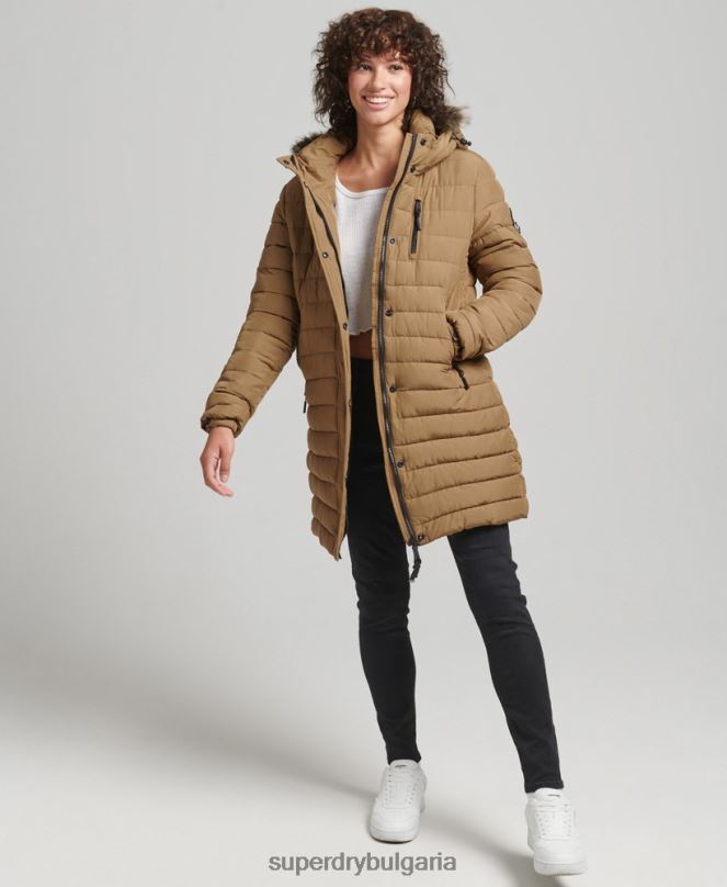Superdry облекло N00H3748 кафяво Жени пухено яке със средна дължина и качулка от изкуствена кожа