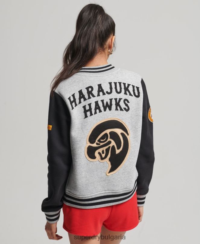 Superdry облекло N00H3754 сиво Жени ретро колегиално бейзболно фланелко бомбър яке