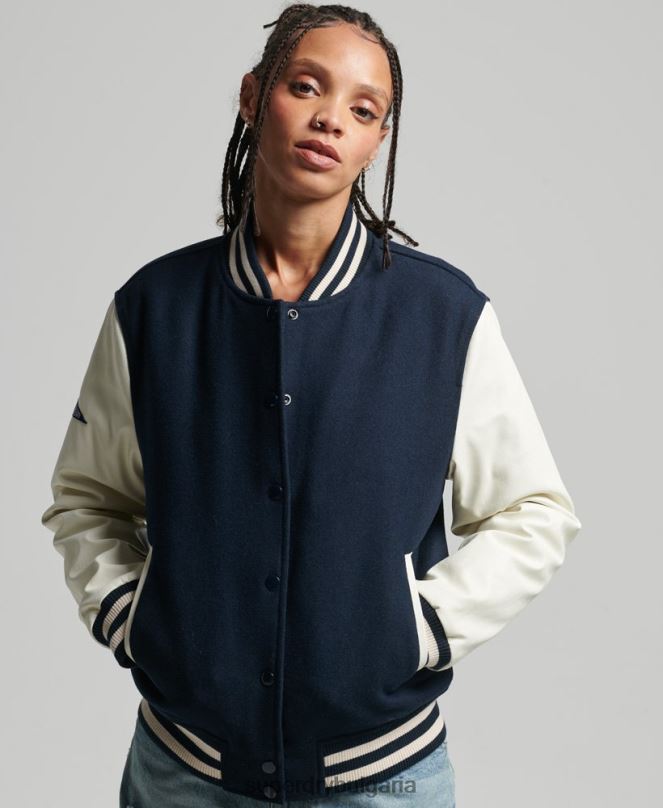 Superdry облекло N00H3784 военноморски флот Жени бомбър яке от колежански университет
