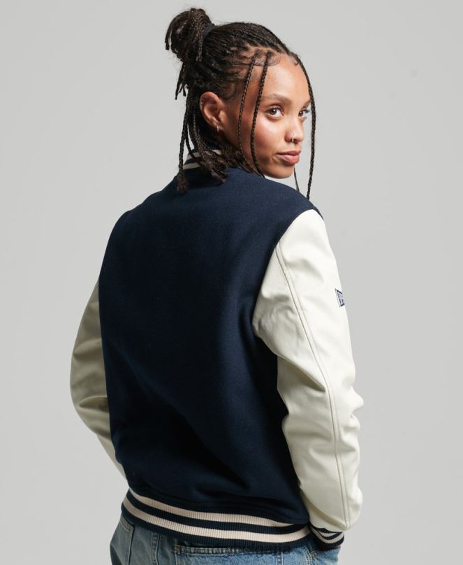 Superdry облекло N00H3784 военноморски флот Жени бомбър яке от колежански университет