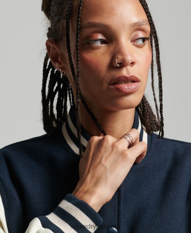 Superdry облекло N00H3784 военноморски флот Жени бомбър яке от колежански университет