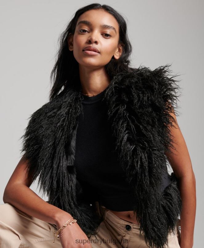 Superdry облекло N00H3793 черен Жени афганистанска изрязана жилетка с подплата от изкуствена кожа