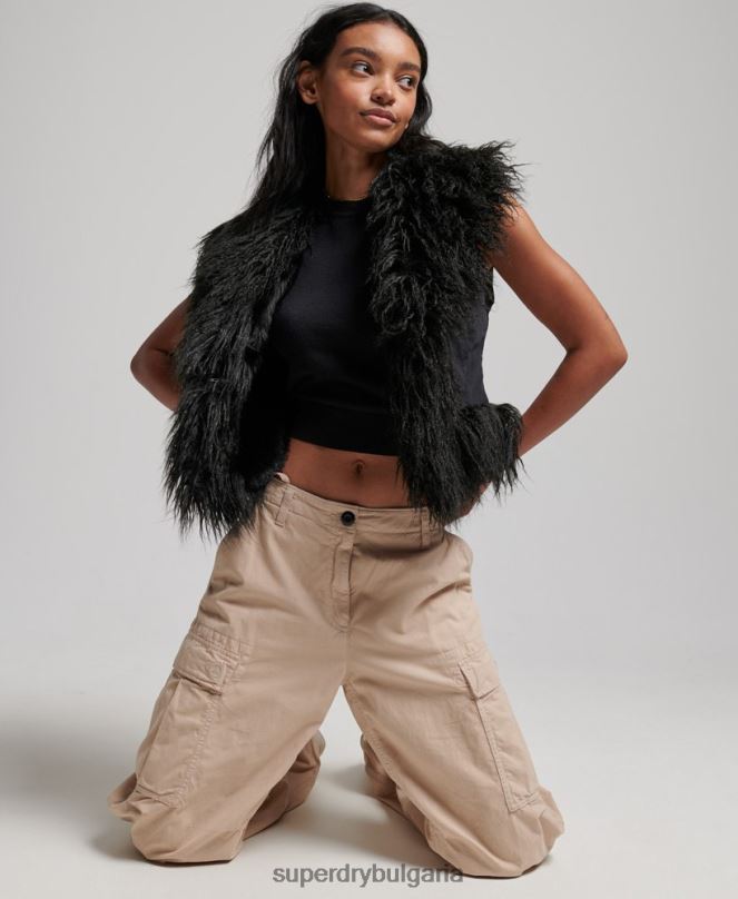 Superdry облекло N00H3793 черен Жени афганистанска изрязана жилетка с подплата от изкуствена кожа