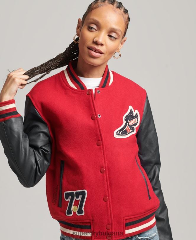 Superdry облекло N00H5471 червен Жени университетско бомбър яке с кръпки