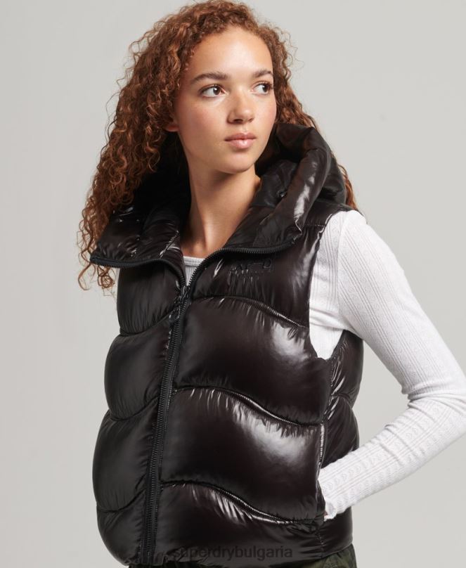 Superdry облекло N00H5476 черен Жени блестящ юрган скъсена подплатена жилетка