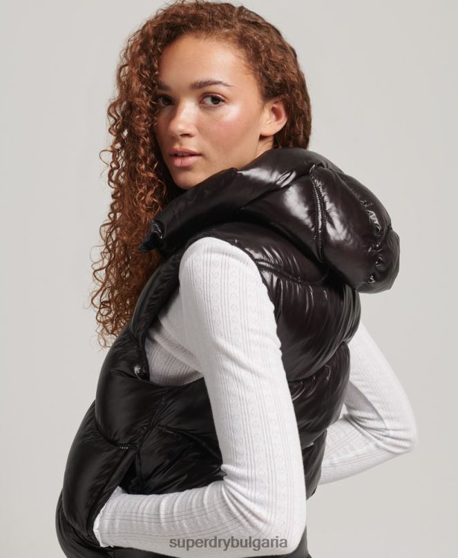 Superdry облекло N00H5476 черен Жени блестящ юрган скъсена подплатена жилетка