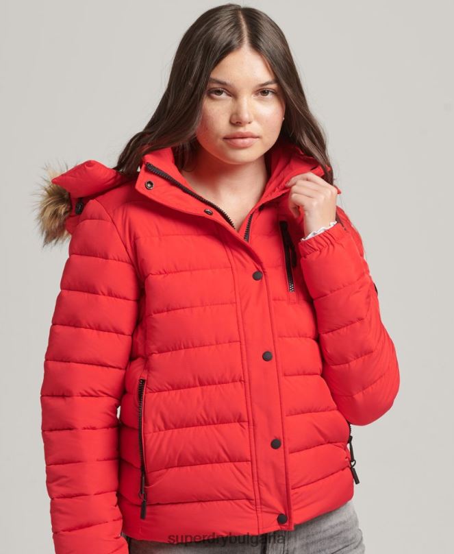 Superdry облекло N00H5571 червен Жени късо пухено яке с качулка от изкуствена кожа