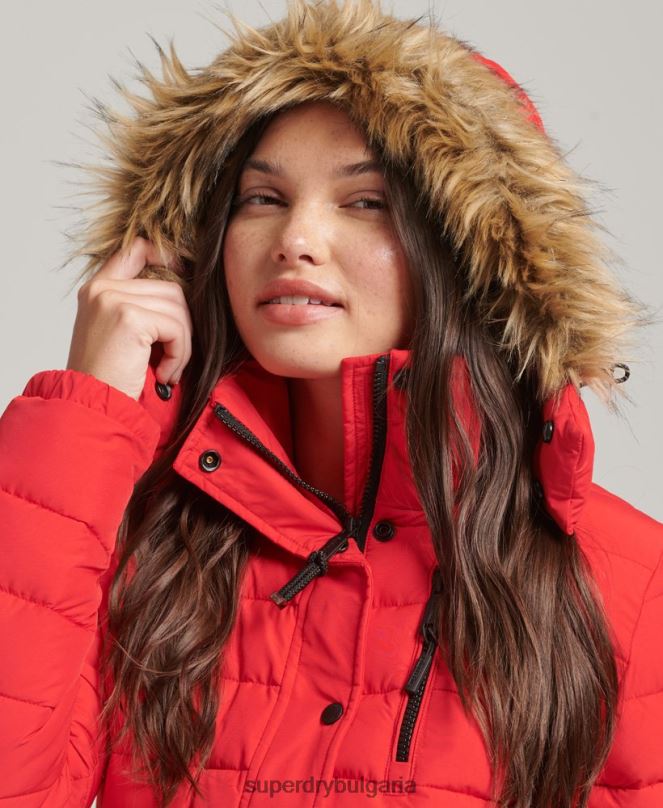 Superdry облекло N00H5571 червен Жени късо пухено яке с качулка от изкуствена кожа
