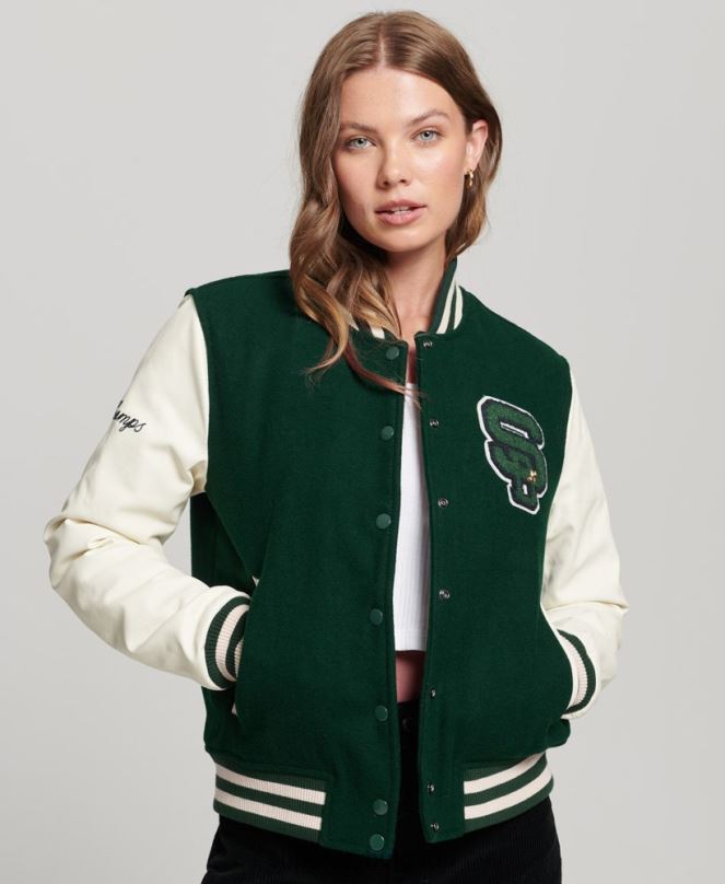 Superdry облекло N00H5593 зелено Жени университетско бомбър яке с кръпки