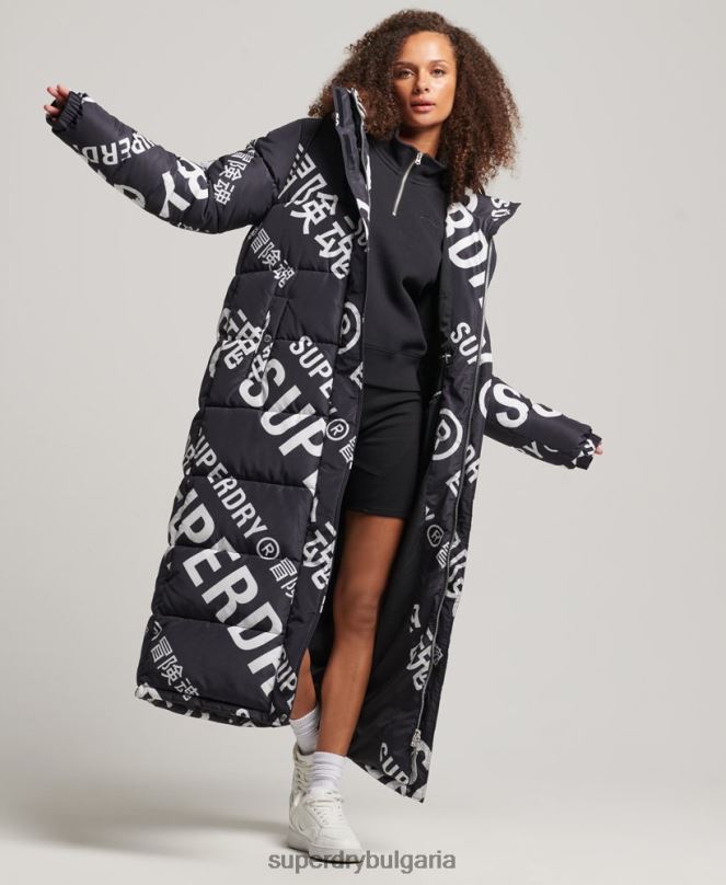 Superdry облекло N00H5653 черен Жени пухено яке с дълга линия с цял принт