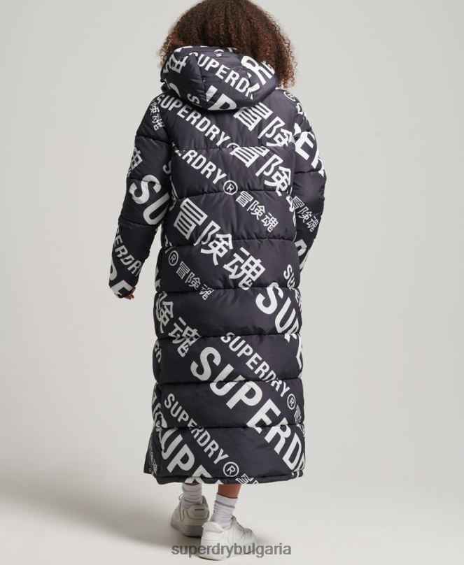 Superdry облекло N00H5653 черен Жени пухено яке с дълга линия с цял принт