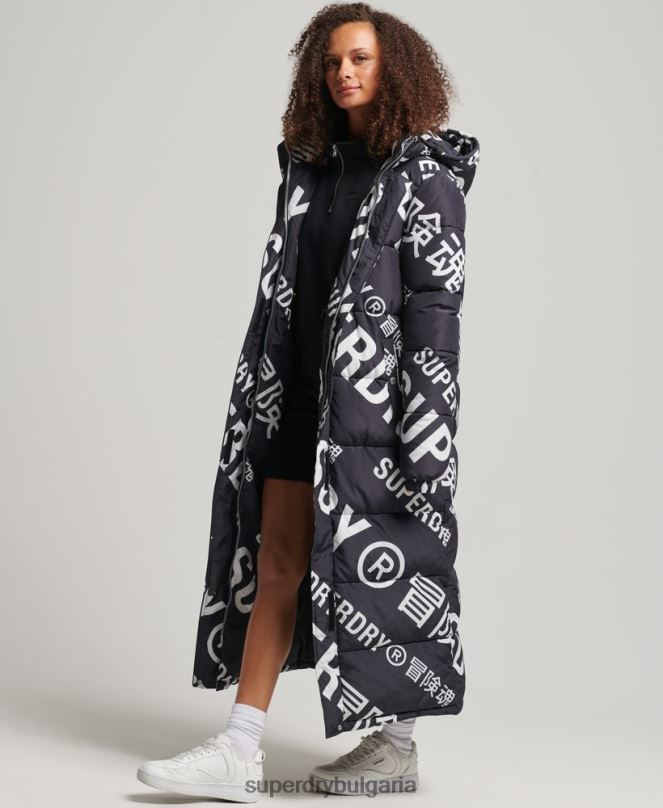 Superdry облекло N00H5653 черен Жени пухено яке с дълга линия с цял принт