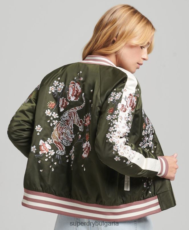 Superdry облекло N00H5660 зелено Жени сукаджан бродирано бомбър яке
