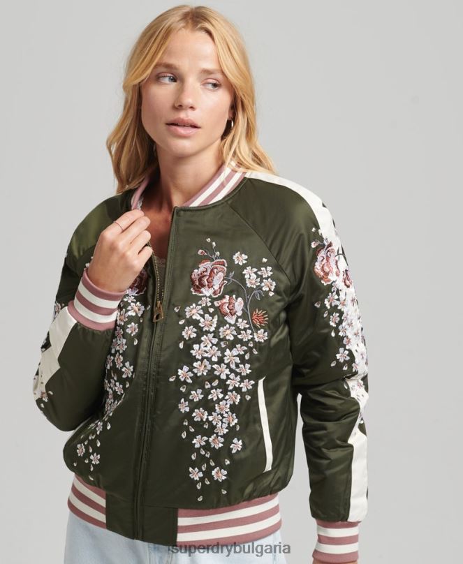 Superdry облекло N00H5660 зелено Жени сукаджан бродирано бомбър яке