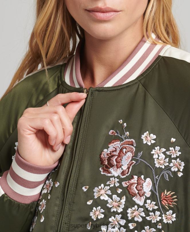 Superdry облекло N00H5660 зелено Жени сукаджан бродирано бомбър яке