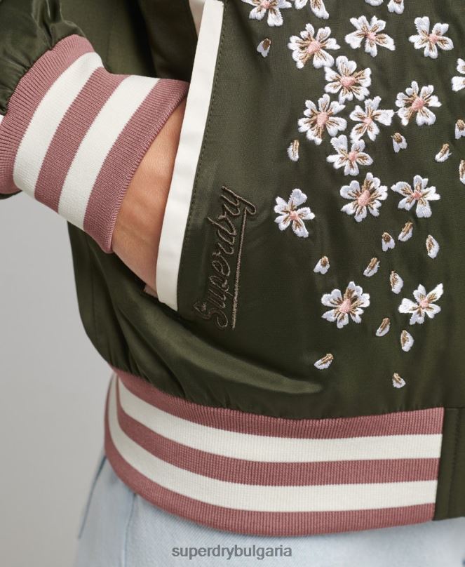 Superdry облекло N00H5660 зелено Жени сукаджан бродирано бомбър яке