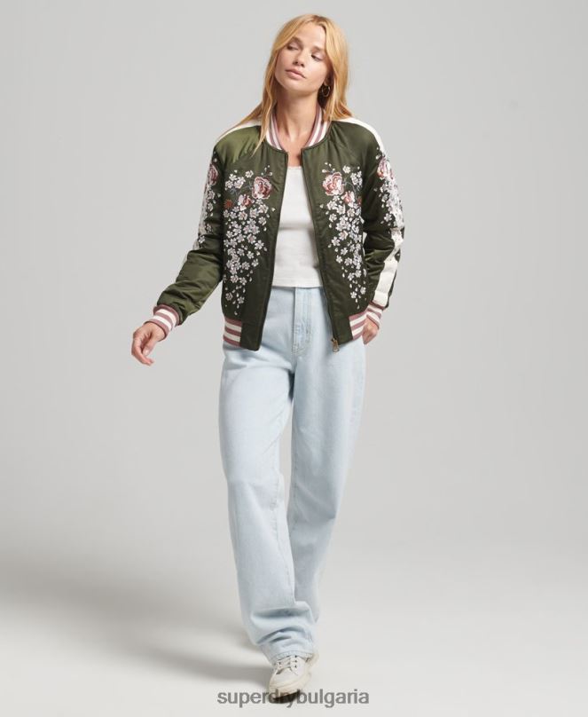 Superdry облекло N00H5660 зелено Жени сукаджан бродирано бомбър яке