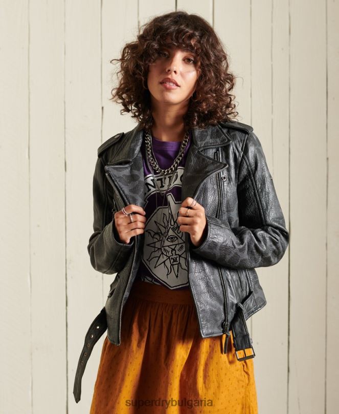 Superdry облекло N00H5697 черен Жени рокерско изрязано кожено мотоциклетско яке