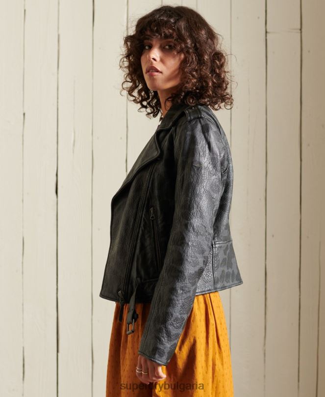 Superdry облекло N00H5697 черен Жени рокерско изрязано кожено мотоциклетско яке