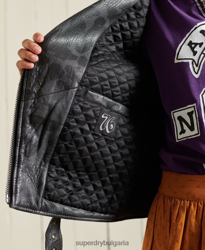 Superdry облекло N00H5697 черен Жени рокерско изрязано кожено мотоциклетско яке