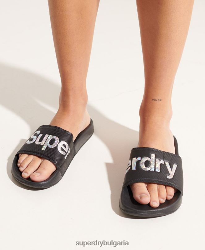 Superdry обувки N00H6780 черен Жени плъзгачи за холографски басейн с пълнеж