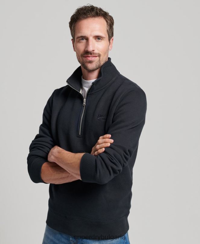 Superdry облекло N00H104 военноморски флот мъже ретро суичър с бродирано лого и хенли с цип