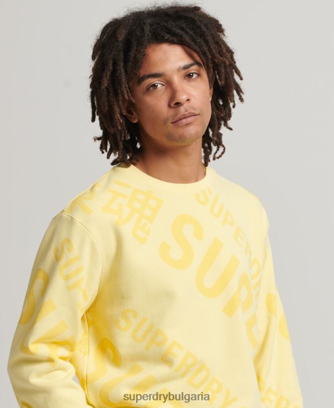 Superdry облекло N00H3435 жълто мъже основно лого върху целия суитшърт на print crew