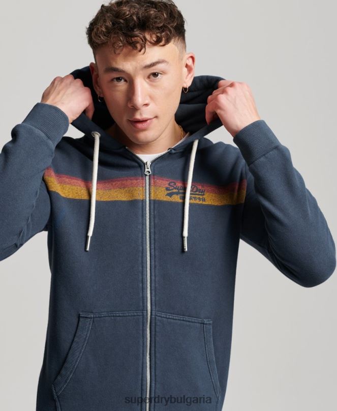 Superdry облекло N00H454 военноморски флот мъже ретро суичър с качулка с цип с лого