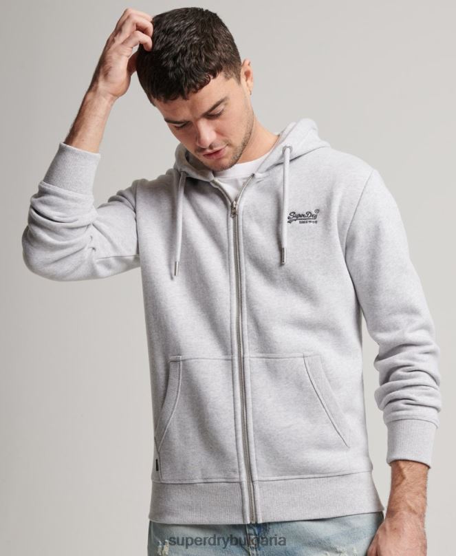 Superdry облекло N00H463 светло сив мъже ретро суичър с цип с бродирано лого