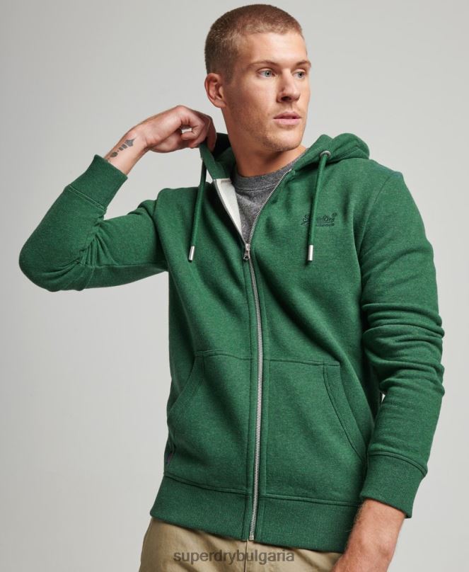 Superdry облекло N00H465 зелено мъже ретро суичър с цип с бродирано лого