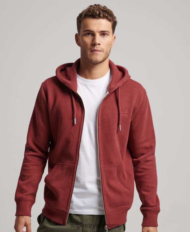 Superdry облекло N00H469 червен мъже ретро суичър с цип с бродирано лого