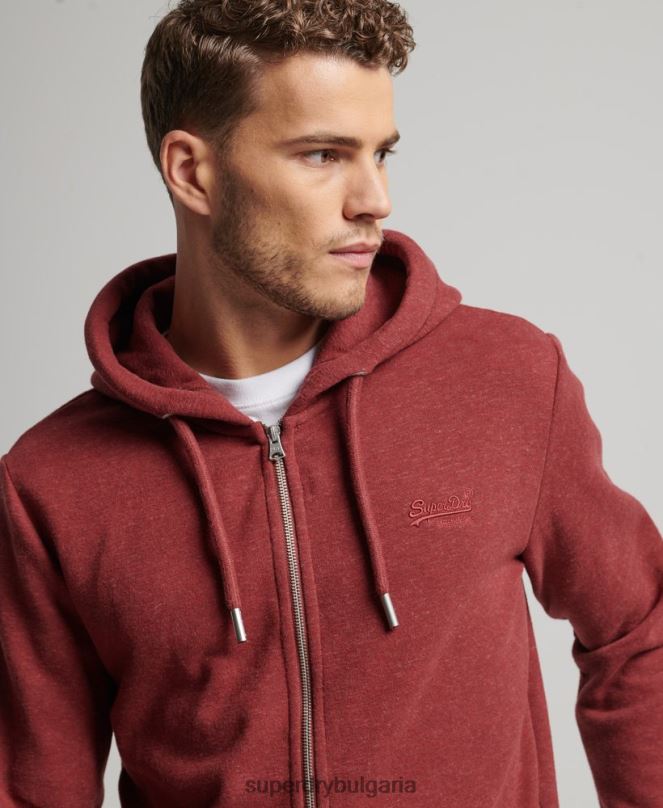 Superdry облекло N00H469 червен мъже ретро суичър с цип с бродирано лого