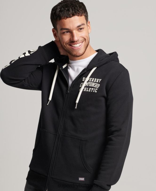 Superdry облекло N00H473 черен мъже спортна качулка с цип за фитнес
