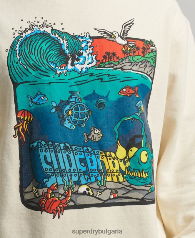 Superdry облекло N00H478 сметана мъже creatures crew суичър