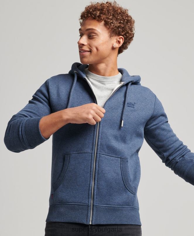 Superdry облекло N00H480 военноморски флот мъже качулка с ретро лого и цип от органичен памук