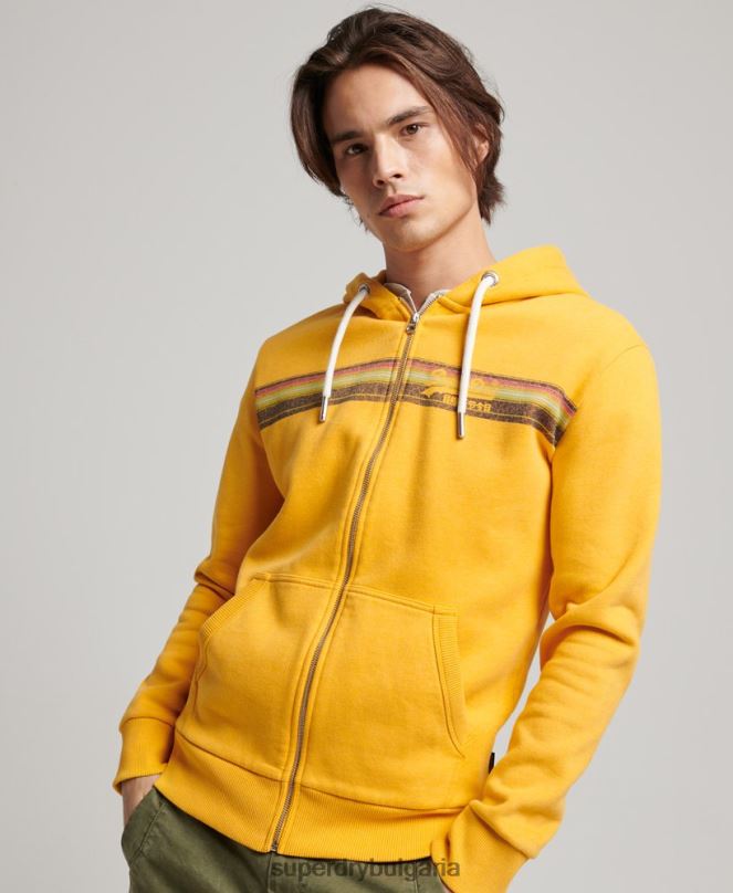 Superdry облекло N00H485 жълто мъже ретро суичър с качулка с цип с лого