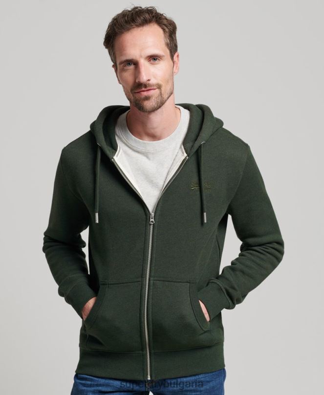 Superdry облекло N00H487 зелено мъже ретро суичър с цип с бродирано лого