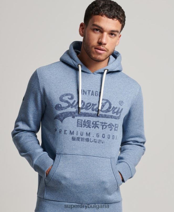 Superdry облекло N00H488 светло синьо мъже американска качулка с винтидж лого