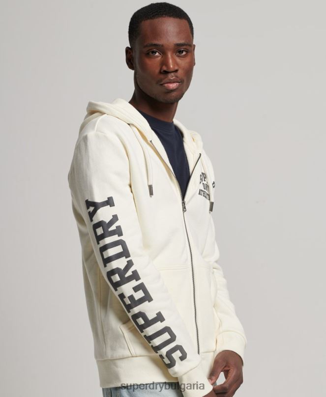 Superdry облекло N00H492 сметана мъже спортна качулка с цип за фитнес