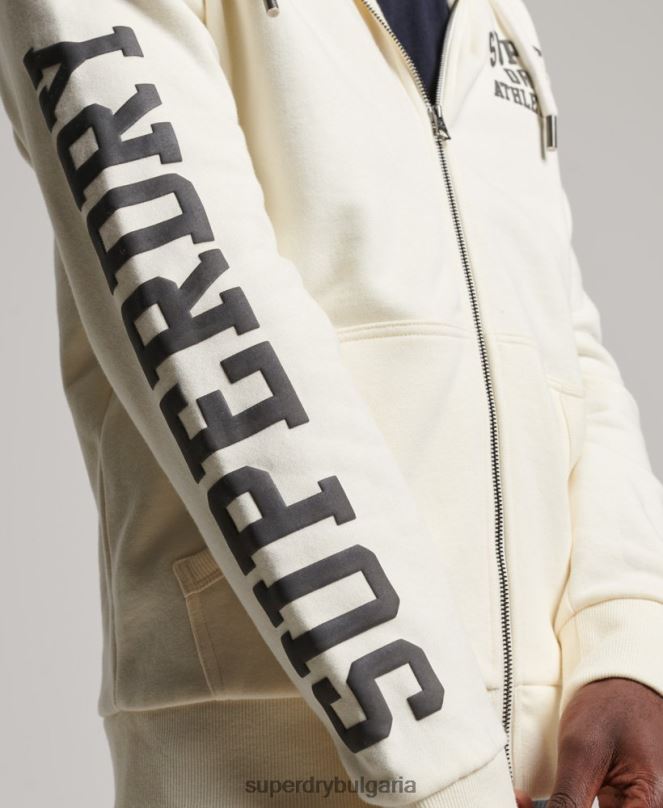 Superdry облекло N00H492 сметана мъже спортна качулка с цип за фитнес