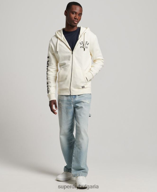 Superdry облекло N00H492 сметана мъже спортна качулка с цип за фитнес