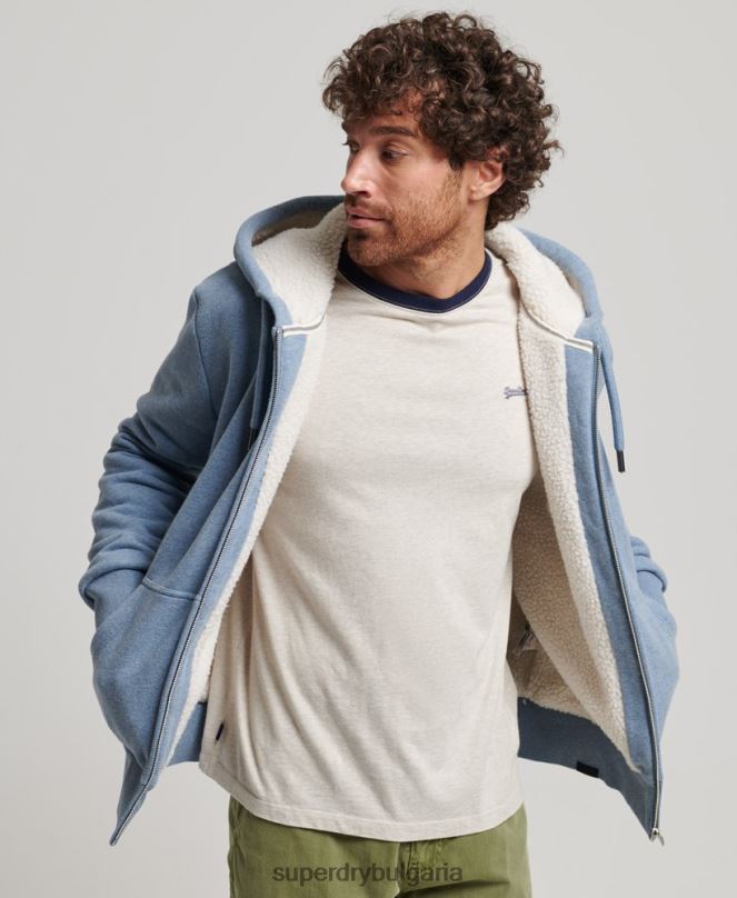 Superdry облекло N00H4988 светло синьо мъже есенциална суичър с качулка с цип с подплата