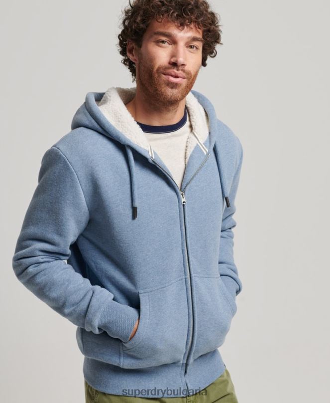Superdry облекло N00H4988 светло синьо мъже есенциална суичър с качулка с цип с подплата
