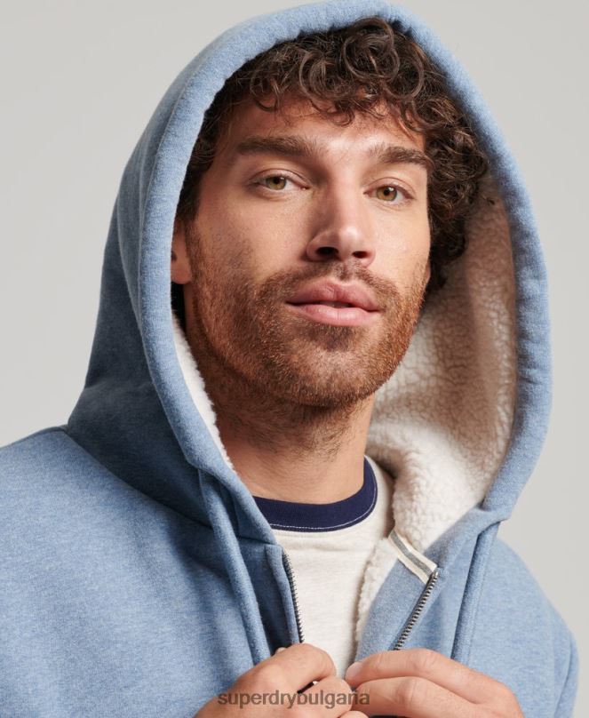 Superdry облекло N00H4988 светло синьо мъже есенциална суичър с качулка с цип с подплата