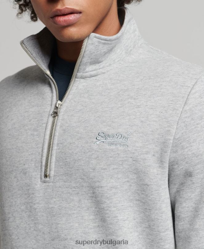 Superdry облекло N00H5003 сиво мъже органичен памук винтидж суичър с лого и хенли с цип