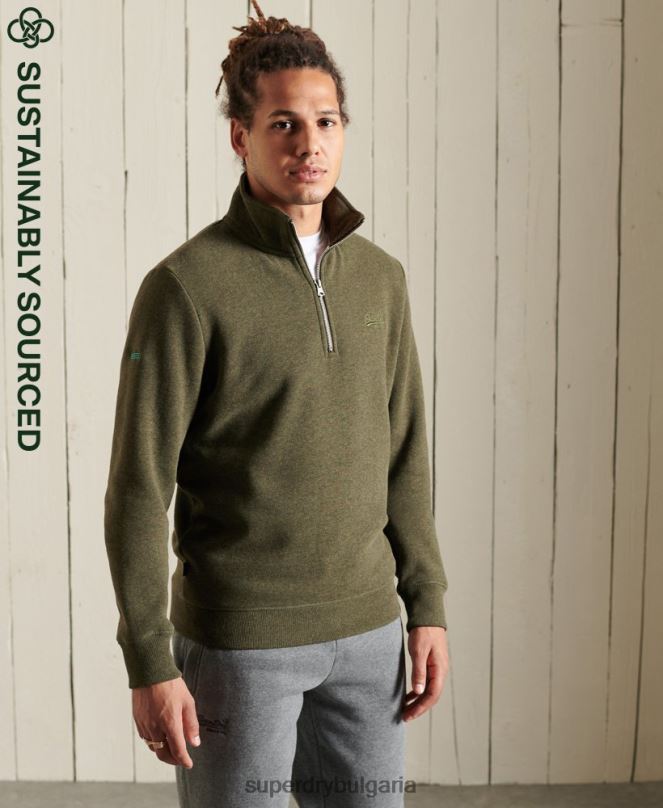 Superdry облекло N00H5033 каки мъже ретро суичър с бродирано лого и хенли с цип