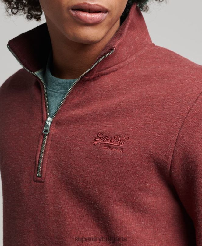 Superdry облекло N00H5034 червен мъже органичен памук винтидж суичър с лого и хенли с цип