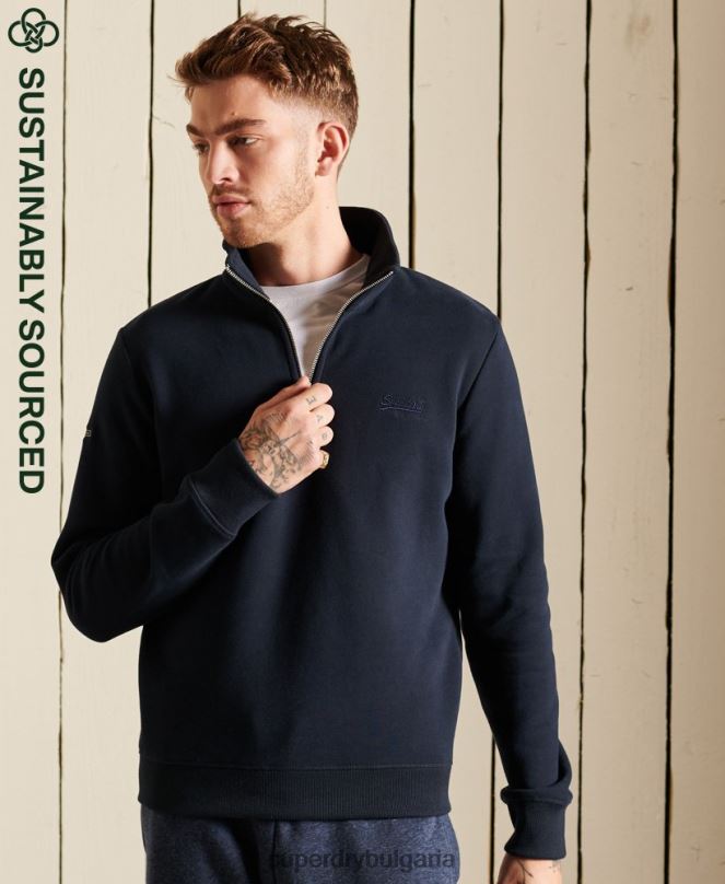 Superdry облекло N00H5038 военноморски флот мъже ретро суичър с бродирано лого и хенли с цип